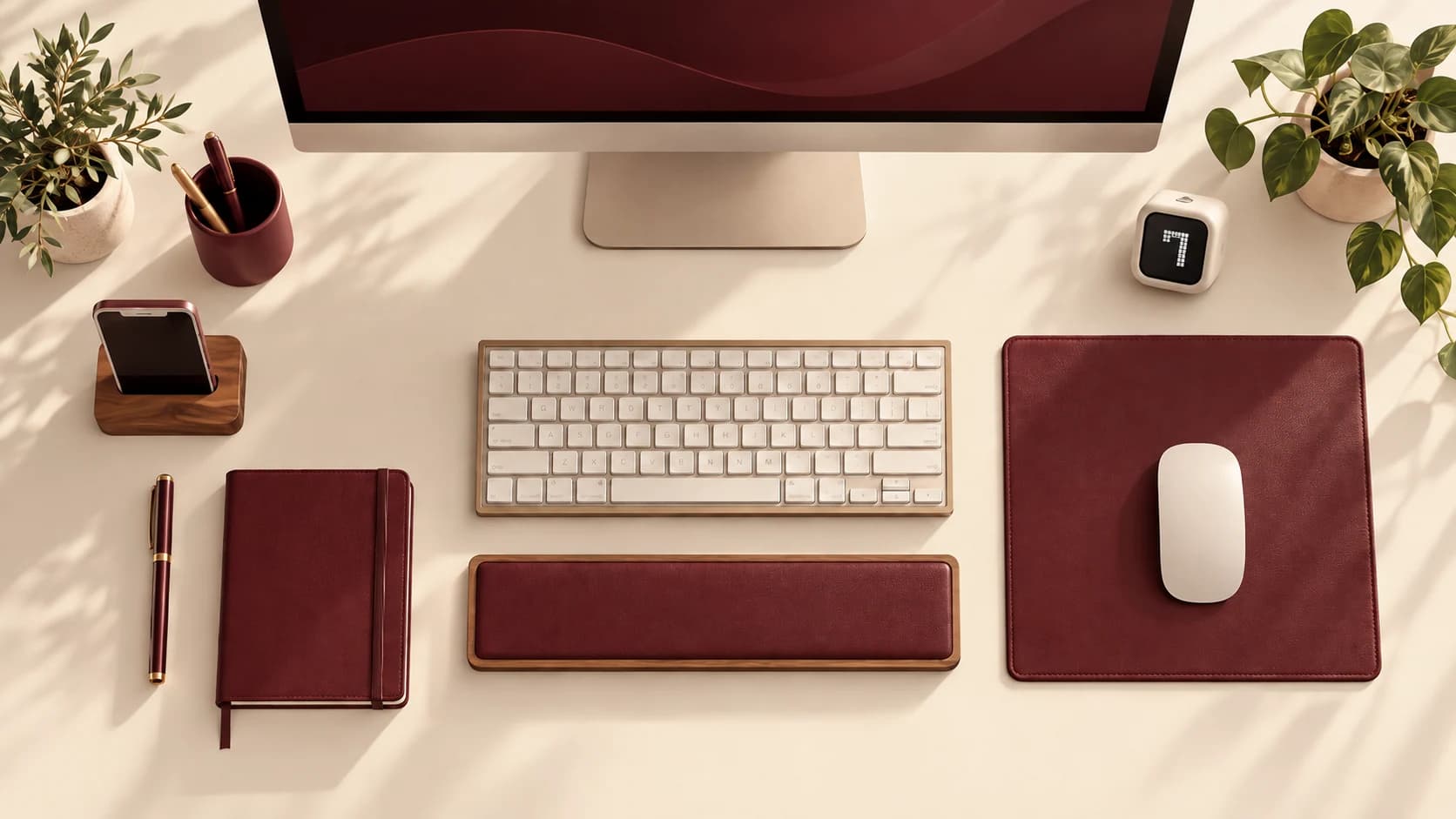 Espacio de trabajo Resolute con Focus Timer en tonos burgundy y cream